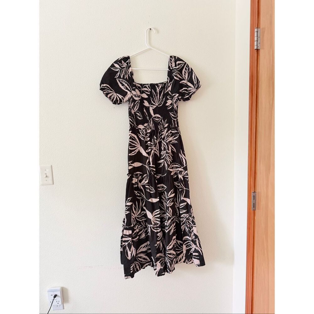 Meadow Rhodes Chic Black and Cream Leaf Pattern Maxi Dress size PS